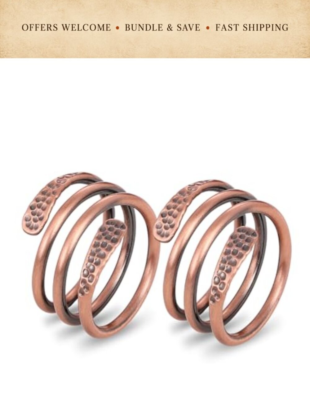 2-Pack Pure Copper Open Spiral Wrap Adjustable Rings Handmade
